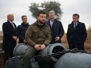 A symbolic illustration of Volodymyr Zelensky sitting on a large cannon, representing the ongoing conflict in Ukraine. He is chained to an olive tree, symbolizing peace, with a white dove perched on his head, signifying hope. In the background, world leaders including Trump, Starmer, and Macron stand in discussion, reflecting international pressures for a ceasefire. The scene captures the tension between war and peace negotiations.